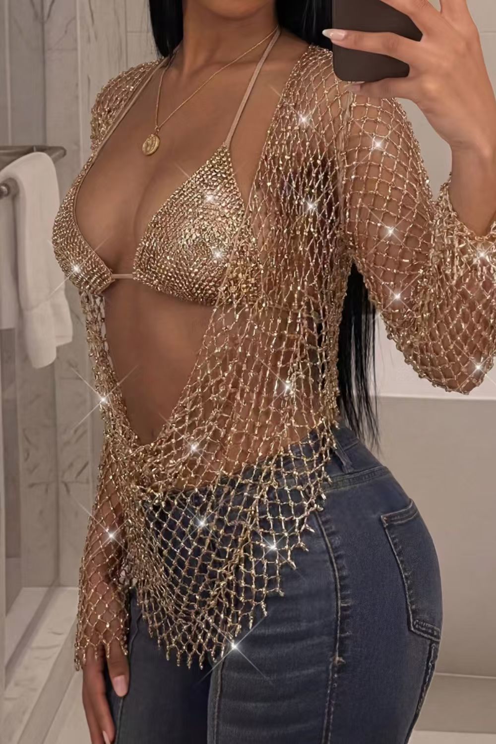 Rhinestone Mesh Long Sleeve Cover Up Top
