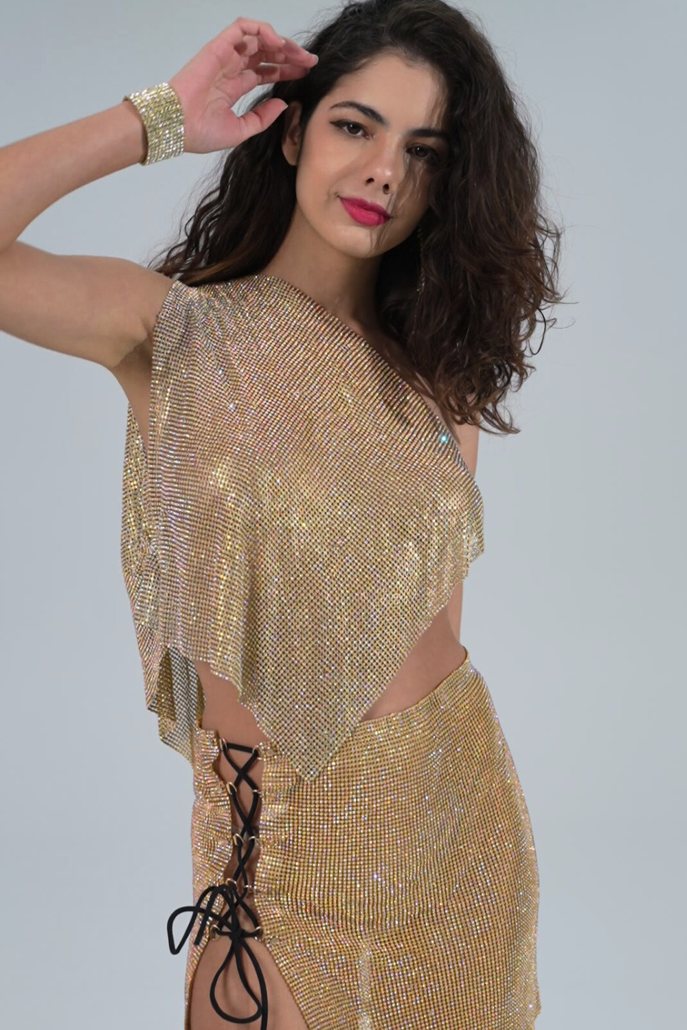 One Shoulder Gold Diamante Top