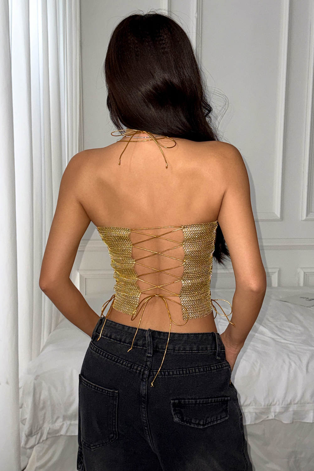 Metallic Lace-Up Gold Halter Crop