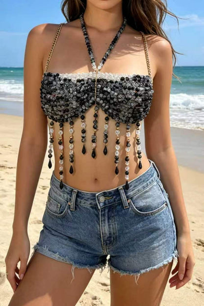 Black Crystal Beaded Dangling Top
