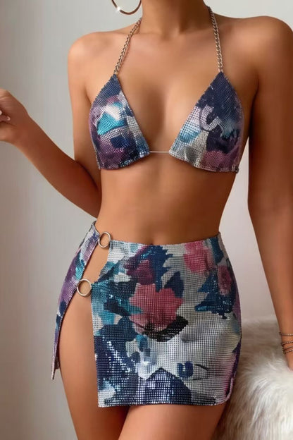 Abstract Print Chainmail Skirt Set