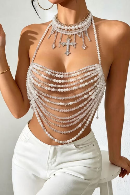 Pearl Cross Halter Body Chain Top