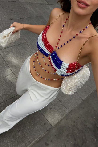 Patriotic Beaded Tassel Crop Top