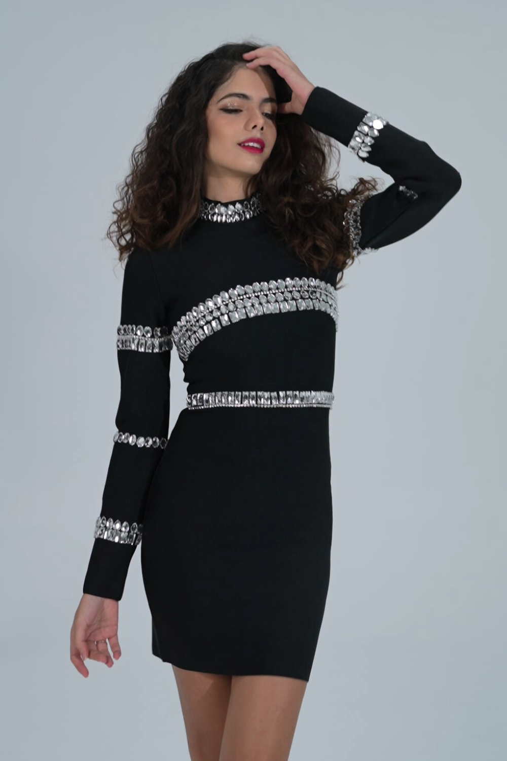 Long Sleeve Crystal Bandage Dress