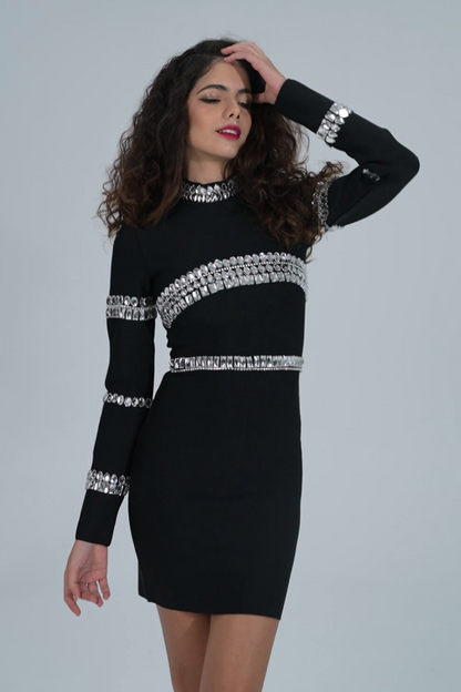 Long Sleeve Crystal Bandage Dress