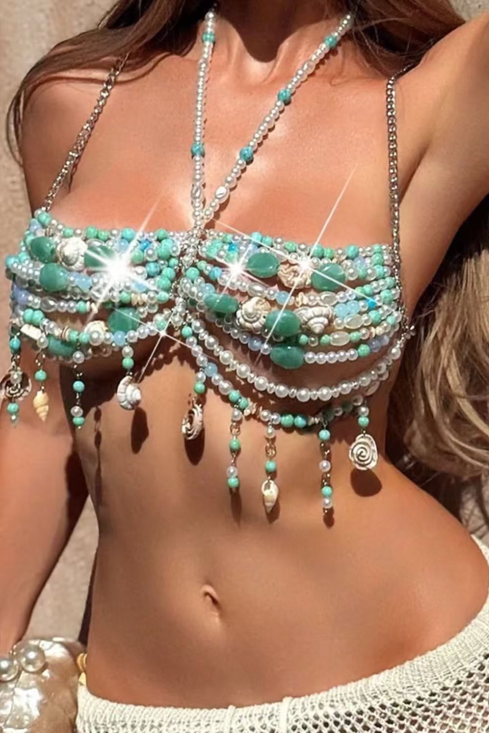 Pearl Beaded Draped Halter Top