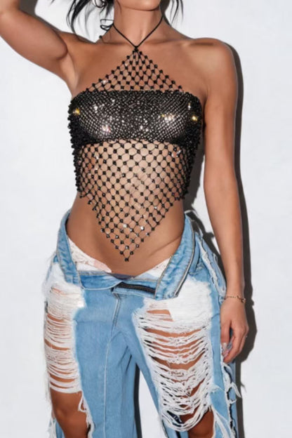 Rhinestone Mesh Halter Crop Top