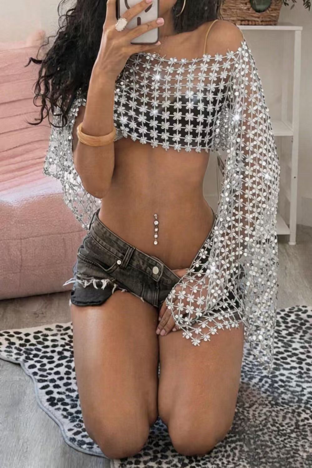 Sequin Crochet Off-Shoulder Top