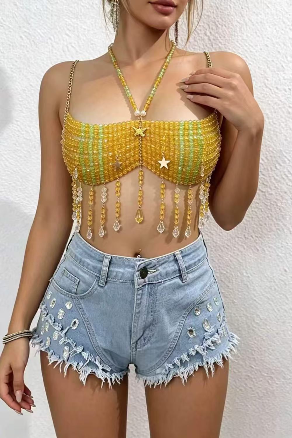 Yellow Beaded Tassel Crop Top