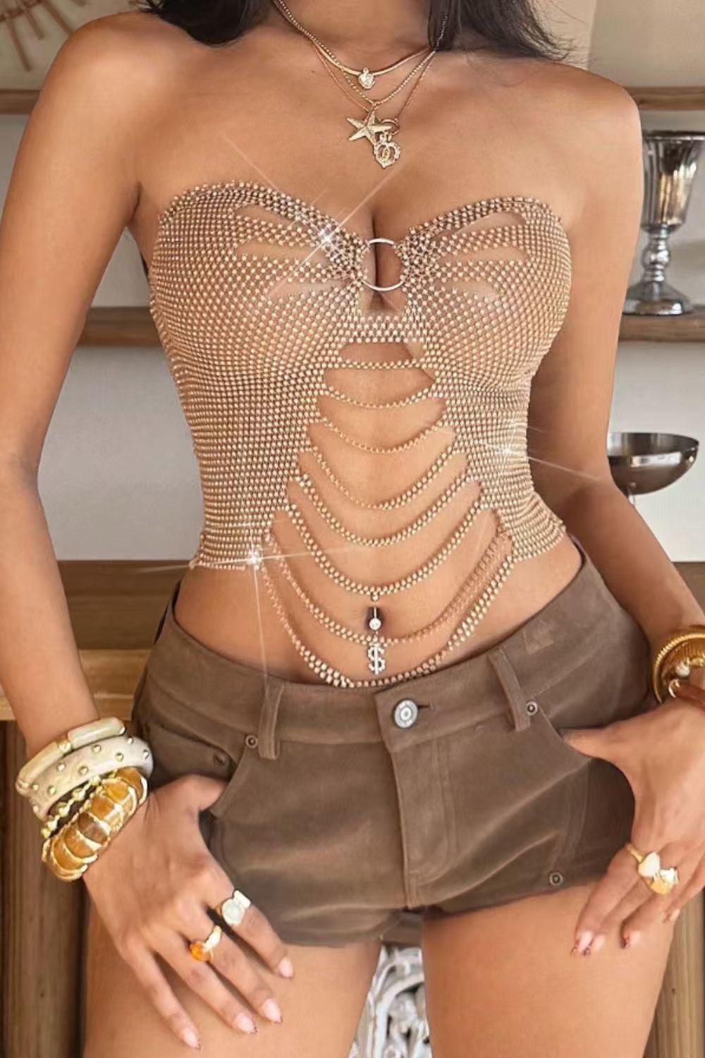 Nude Crystal Rhinestone Cutout Corset Top
