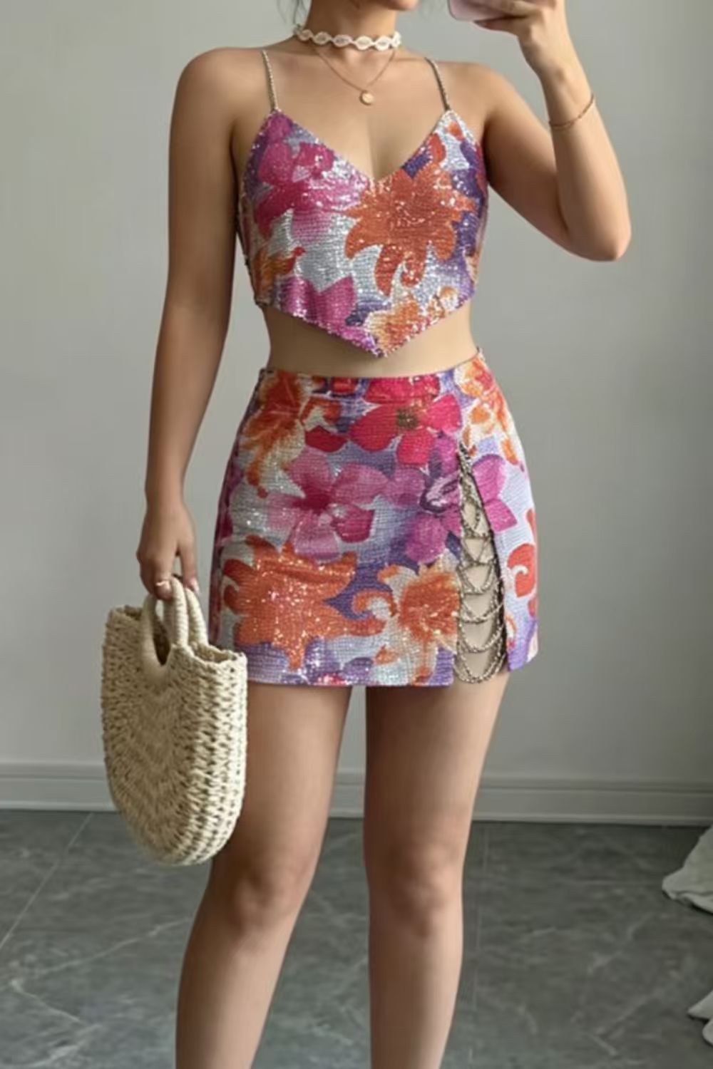 Tropical Print Two-Piece Skirt Set