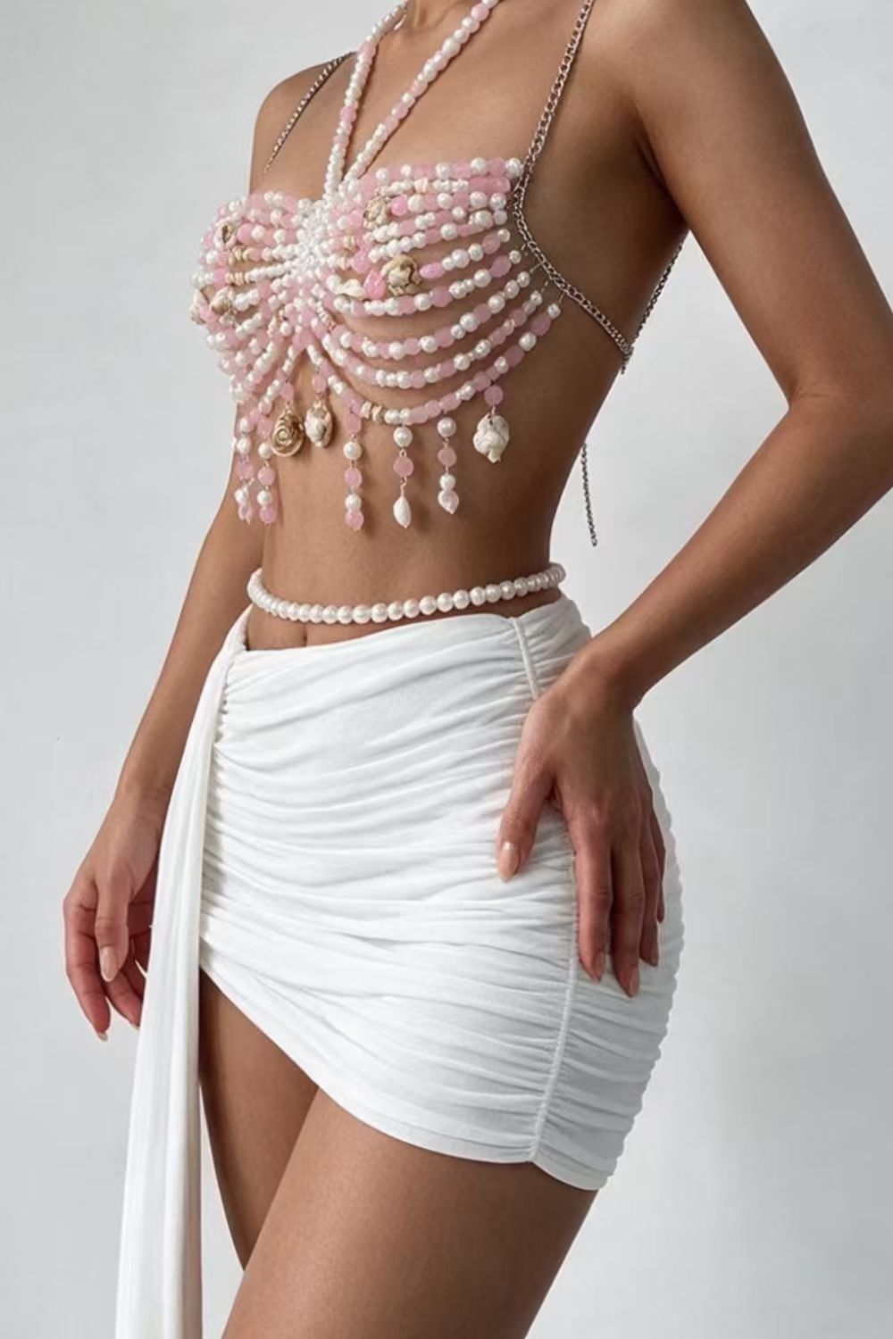 Pearl Beaded Draped Halter Top