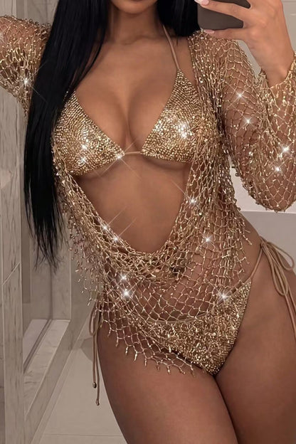 Rhinestone Mesh Long Sleeve Cover Up Top