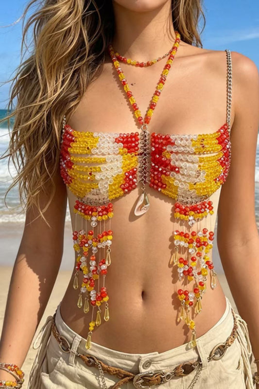 Red & Gold Beaded Tassel Top