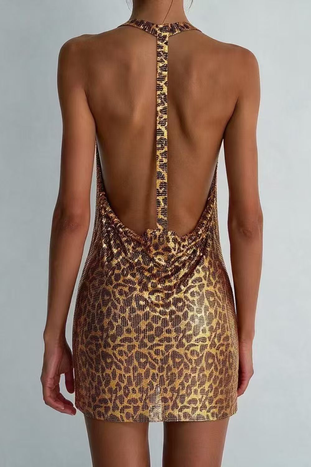 Leopard Print Sequin Cowl Neck Mini Dress