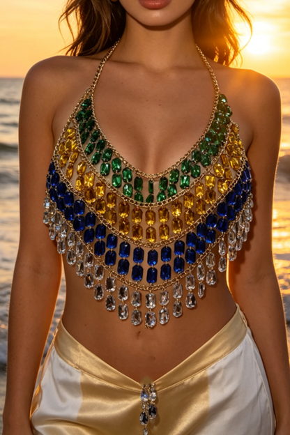 Rainbow Crystal Fringe Halter Top