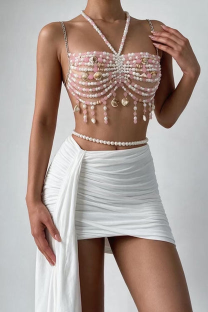 Pearl Beaded Draped Halter Top