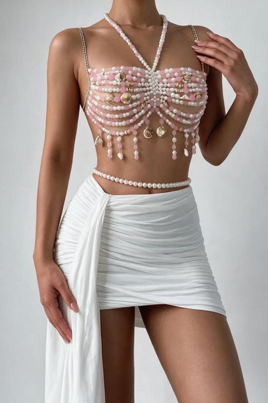 Pearl Beaded Draped Halter Top