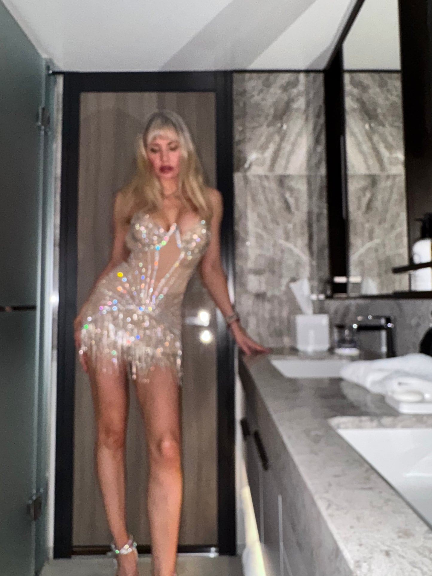 Nude Mesh Crystal Mini Dress