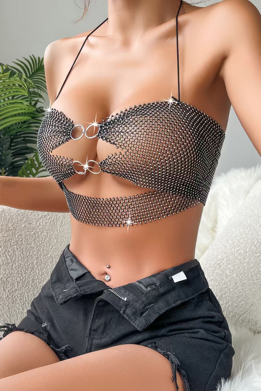 Rhinestone Mesh Halter Top