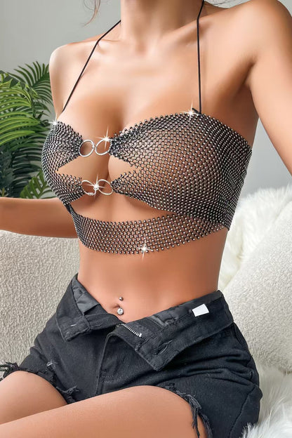 Rhinestone Mesh Halter Top