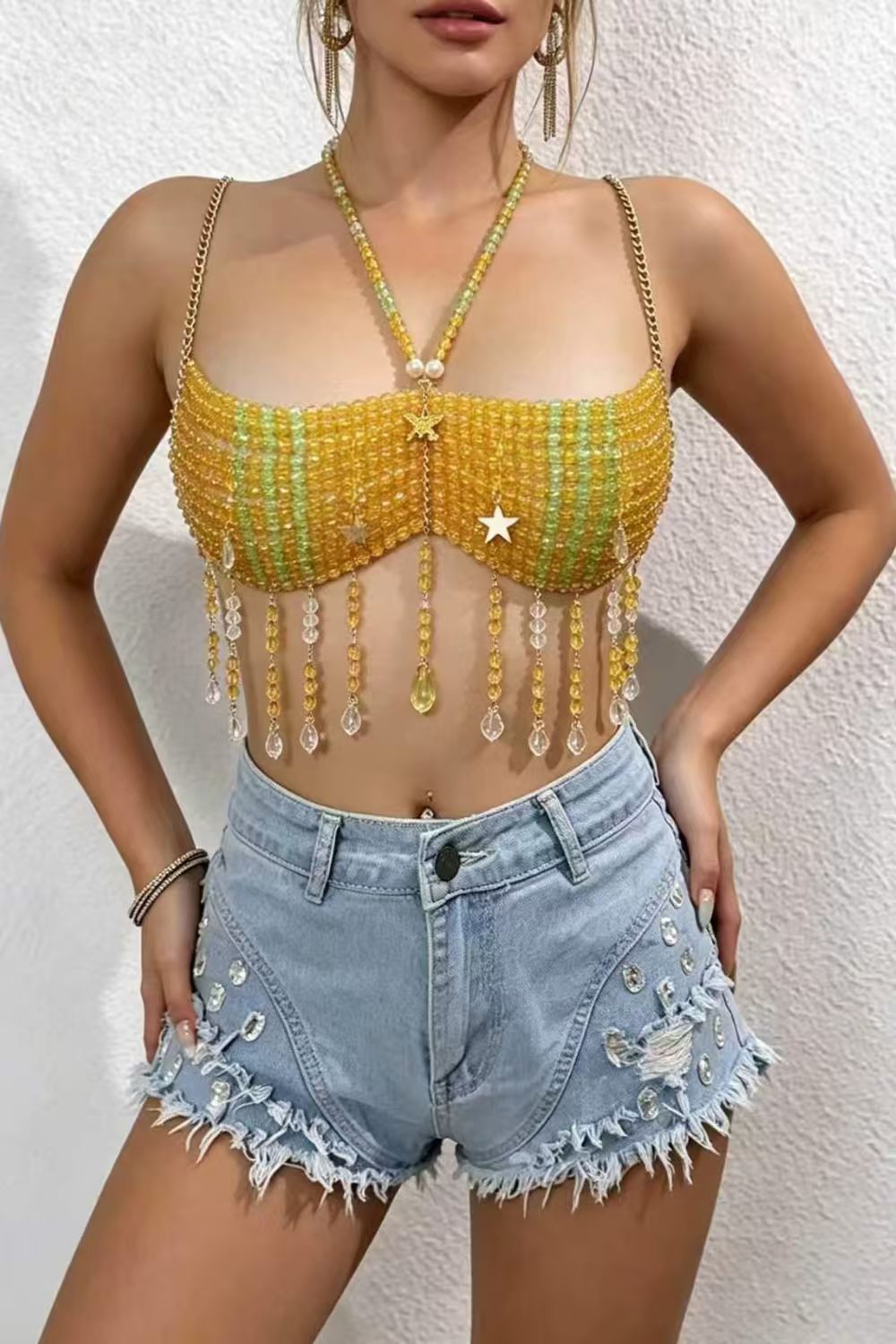 Yellow Beaded Tassel Crop Top