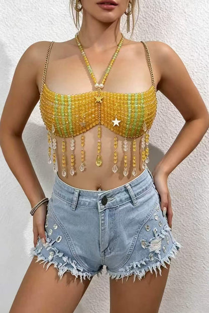 Yellow Beaded Tassel Crop Top