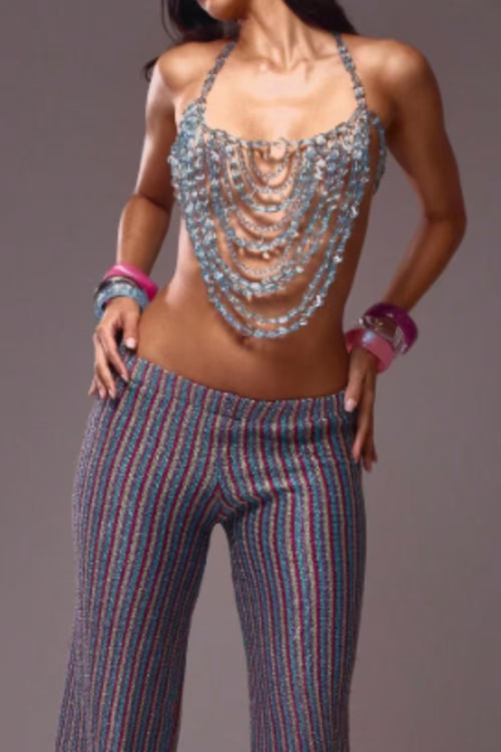 Blue Beaded Chain Halter Top