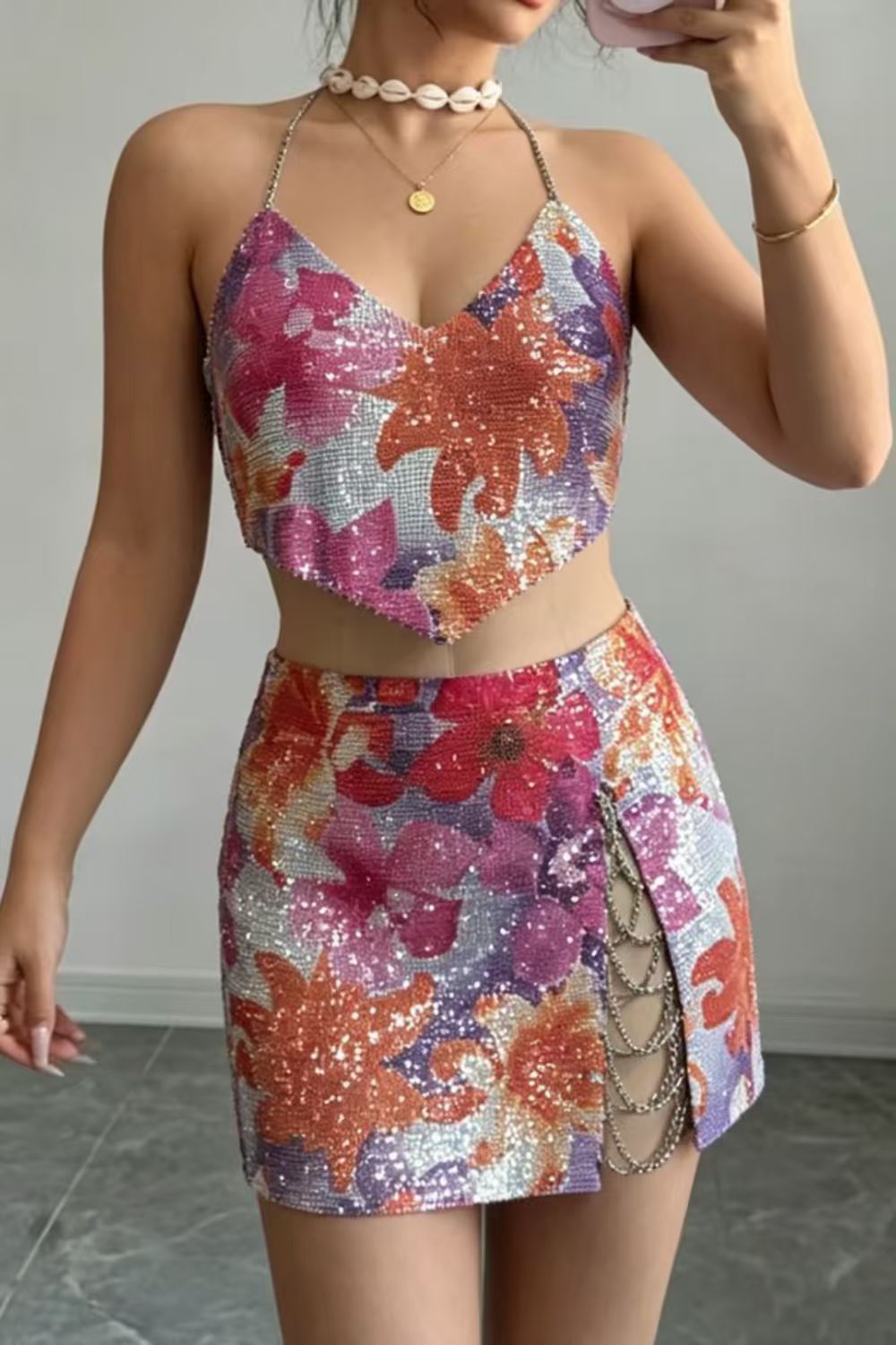 Tropical Print Two-Piece Skirt Set