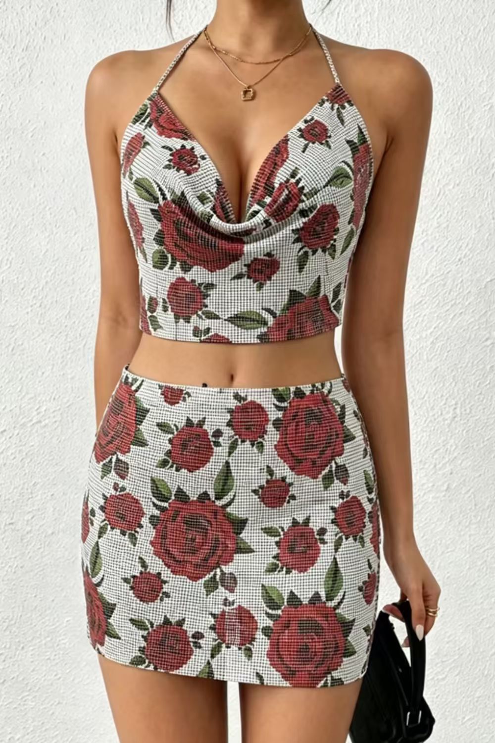 Rose Print Chainmail Skirt Set