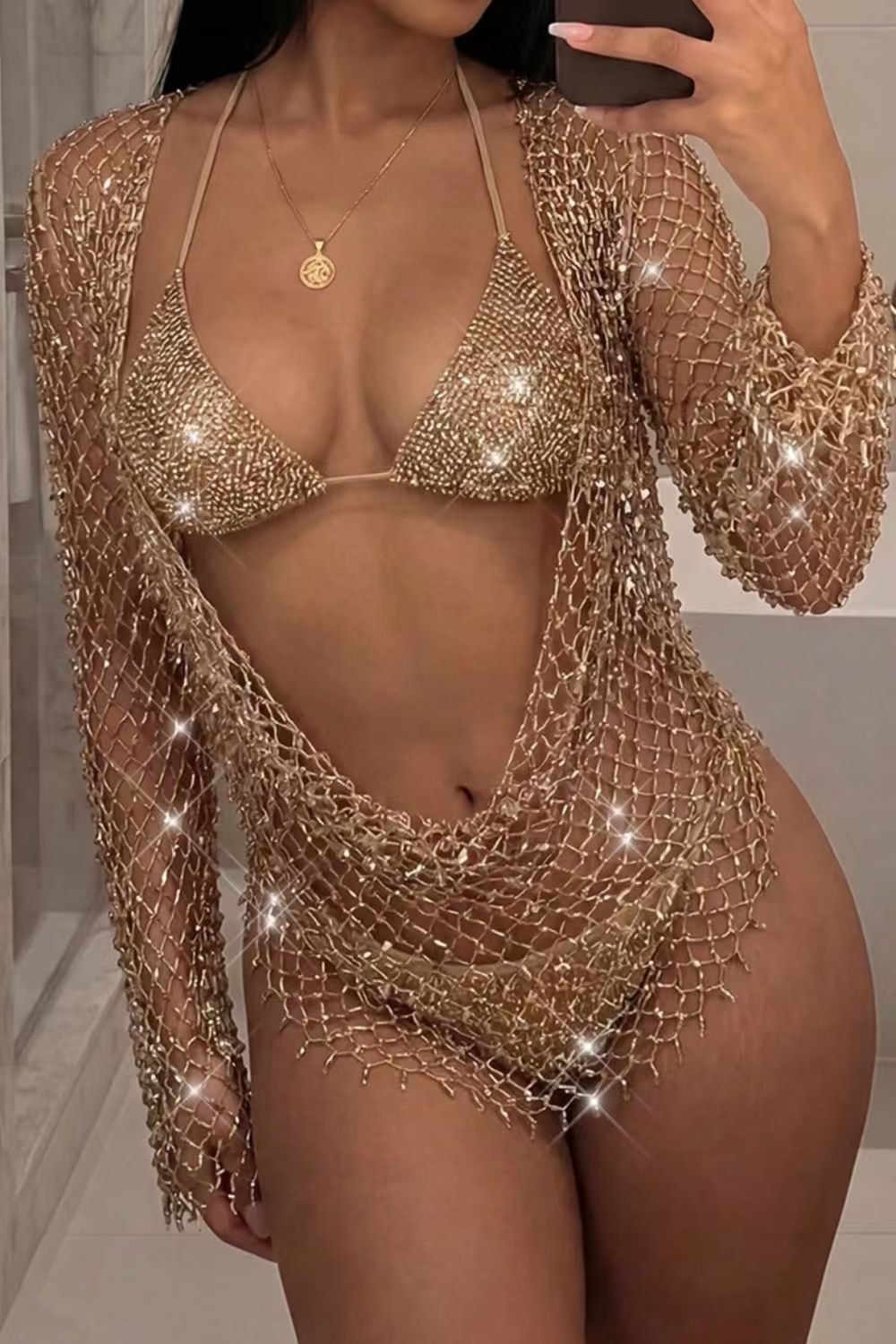 Rhinestone Mesh Long Sleeve Cover Up Top
