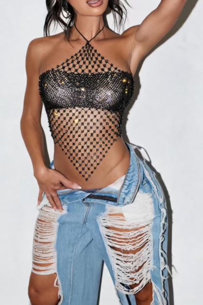 Rhinestone Mesh Halter Crop Top