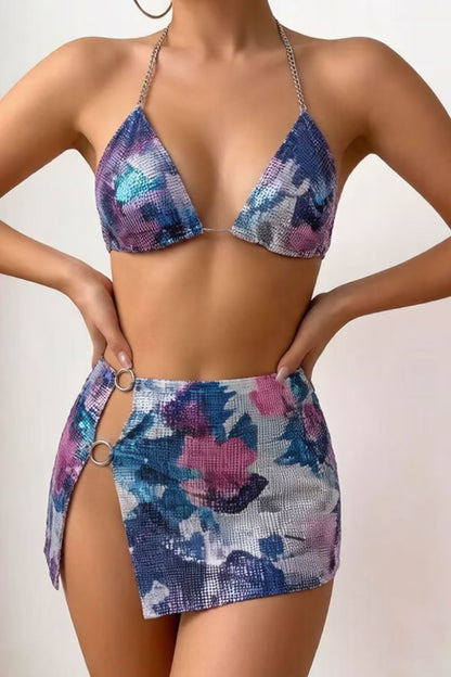 Abstract Print Chainmail Skirt Set