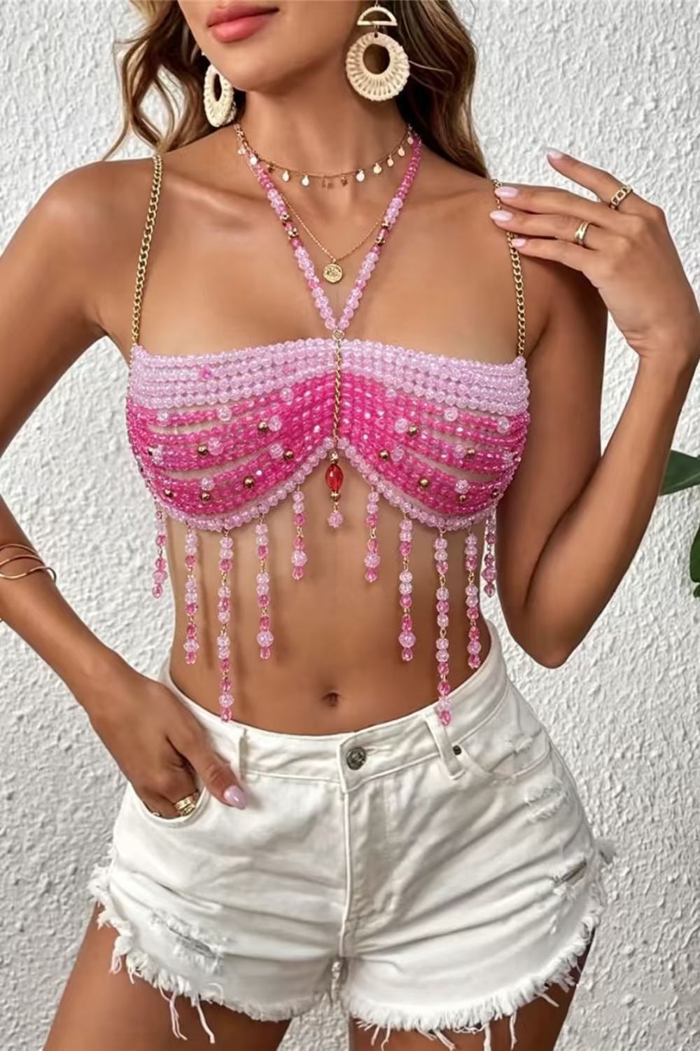 Pink Beaded Rhinestone Crop Top