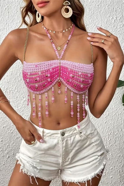 Pink Beaded Rhinestone Crop Top
