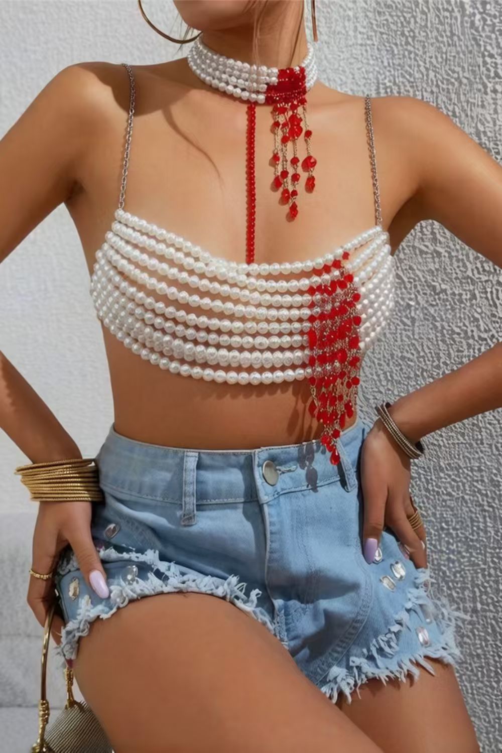 Pearl Beaded Tassel Crop Top