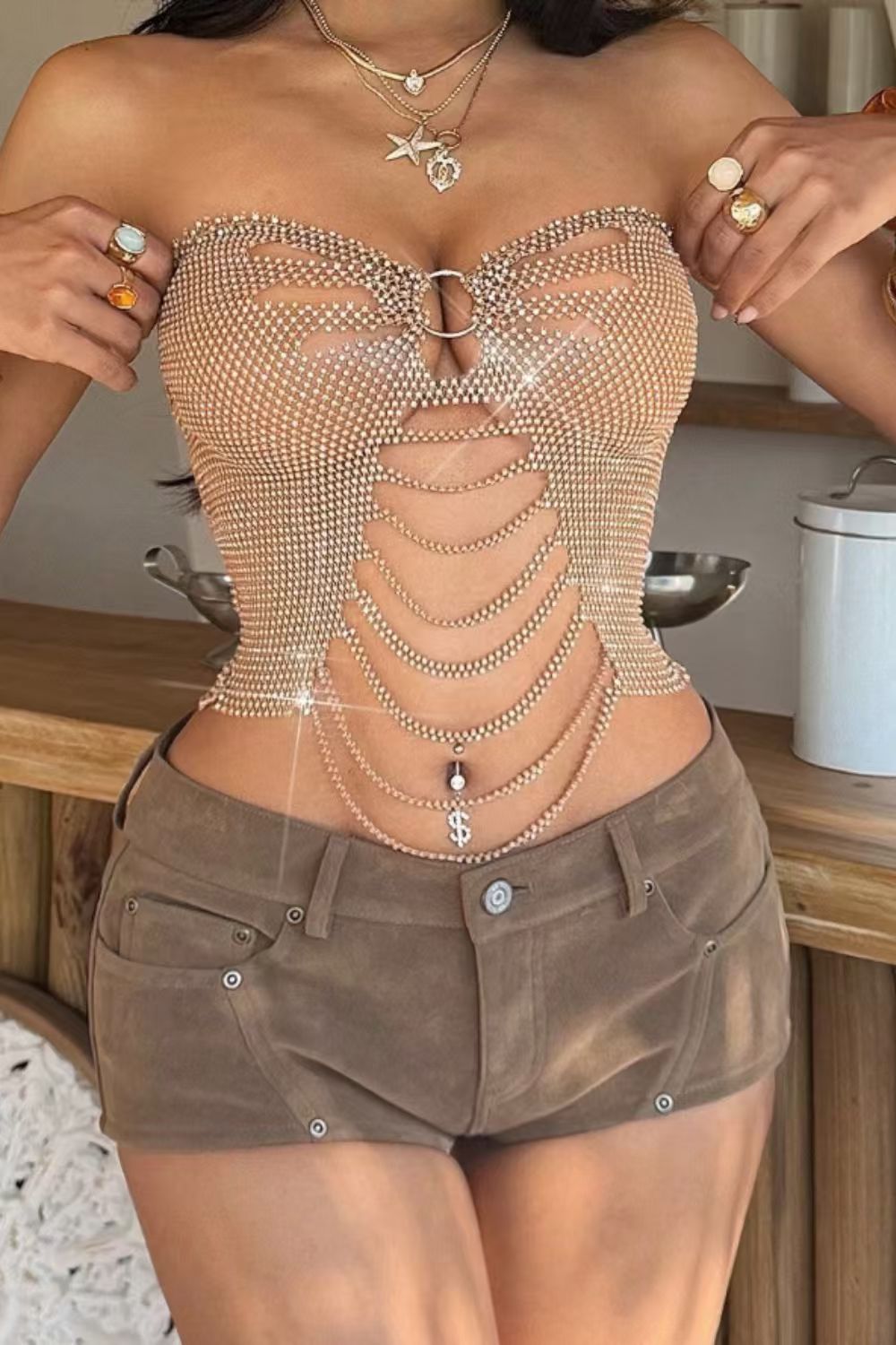 Nude Crystal Rhinestone Cutout Corset Top