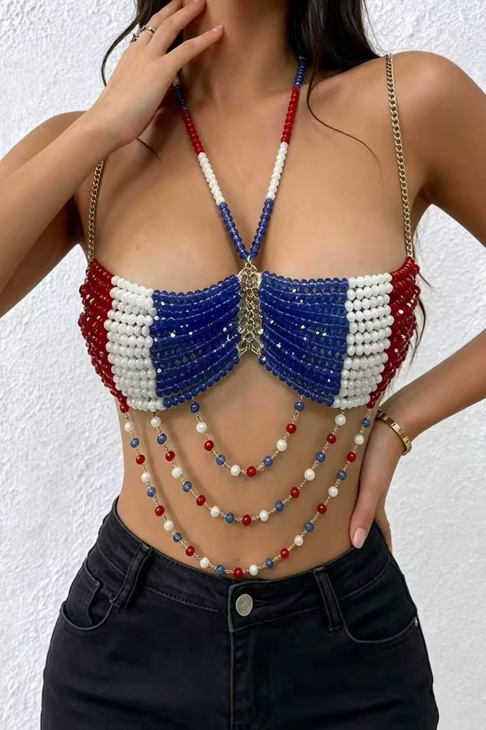 Patriotic Beaded Tassel Crop Top