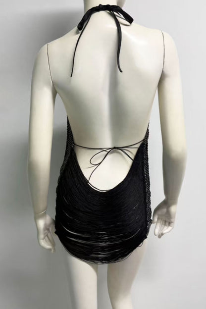 Black Crystal Fringe Mini Dress