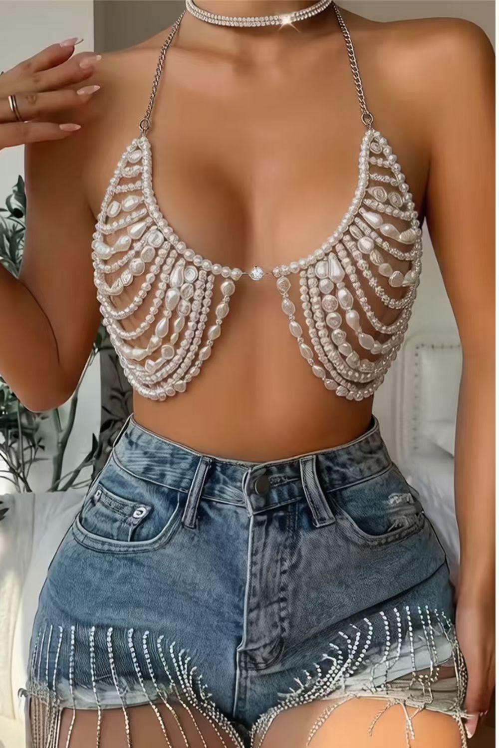 Pearl Beaded Halter Bralette Top