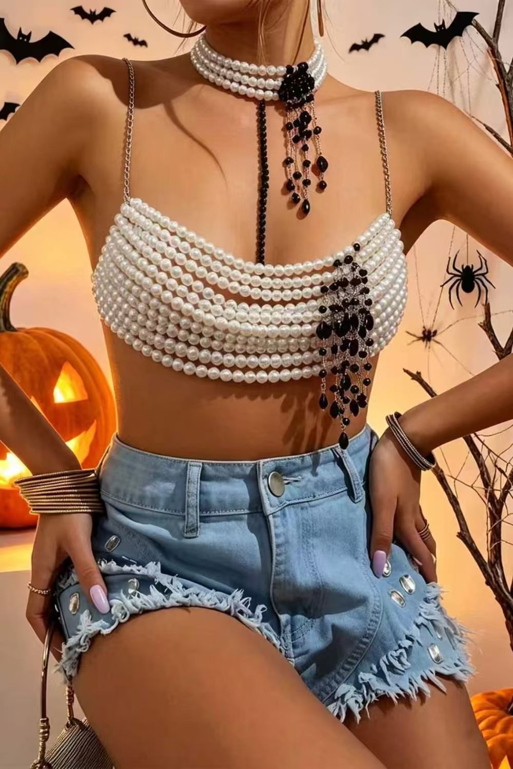 Pearl Beaded Tassel Crop Top