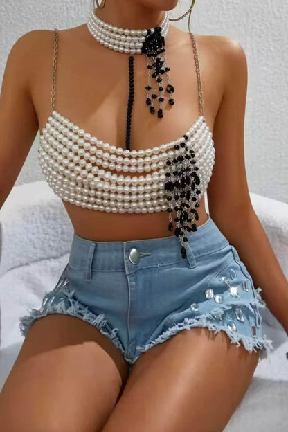 Pearl Beaded Tassel Crop Top