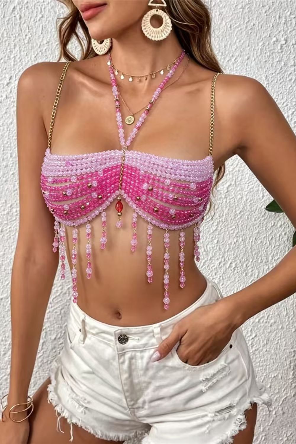 Pink Beaded Rhinestone Crop Top