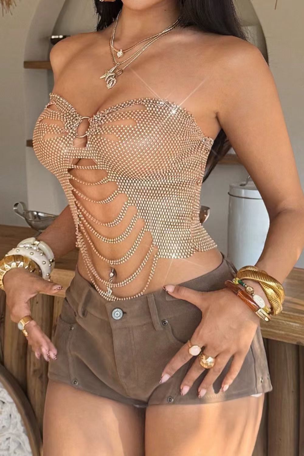 Nude Crystal Rhinestone Cutout Corset Top