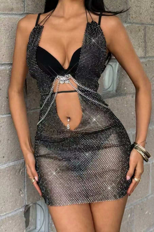 Rhinestone Mesh Cut‑out Mini Dress