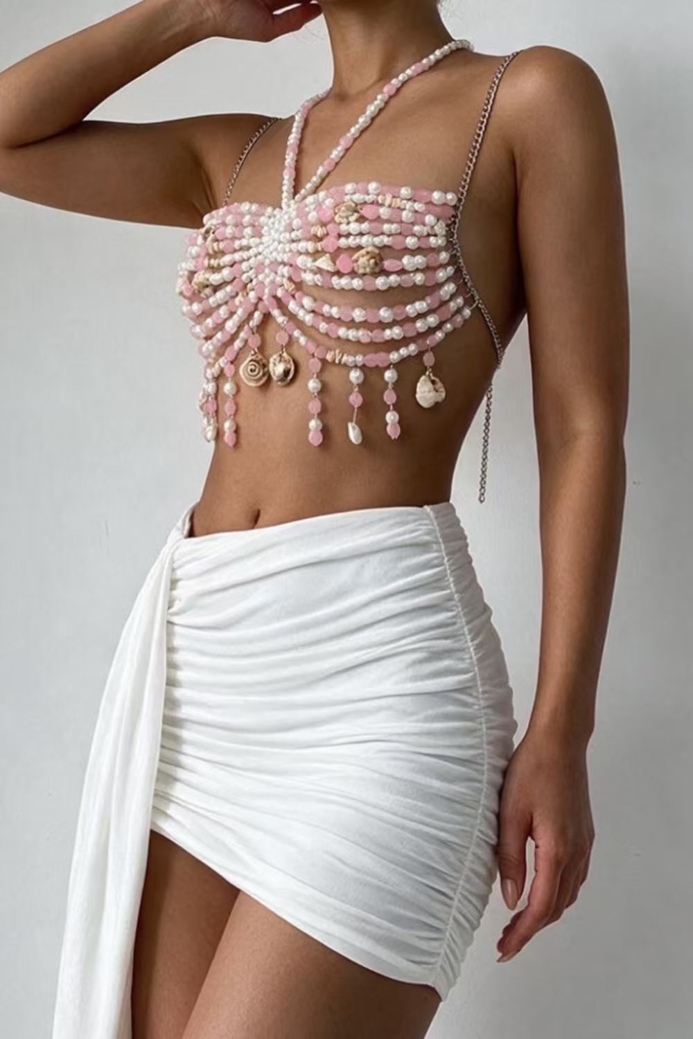 Pearl Beaded Draped Halter Top
