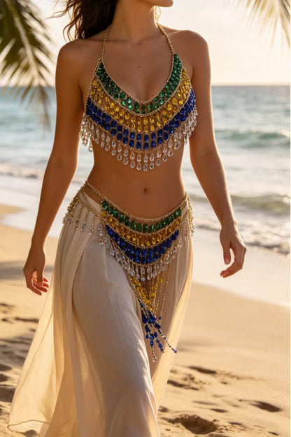 Rainbow Crystal Fringe Halter Top