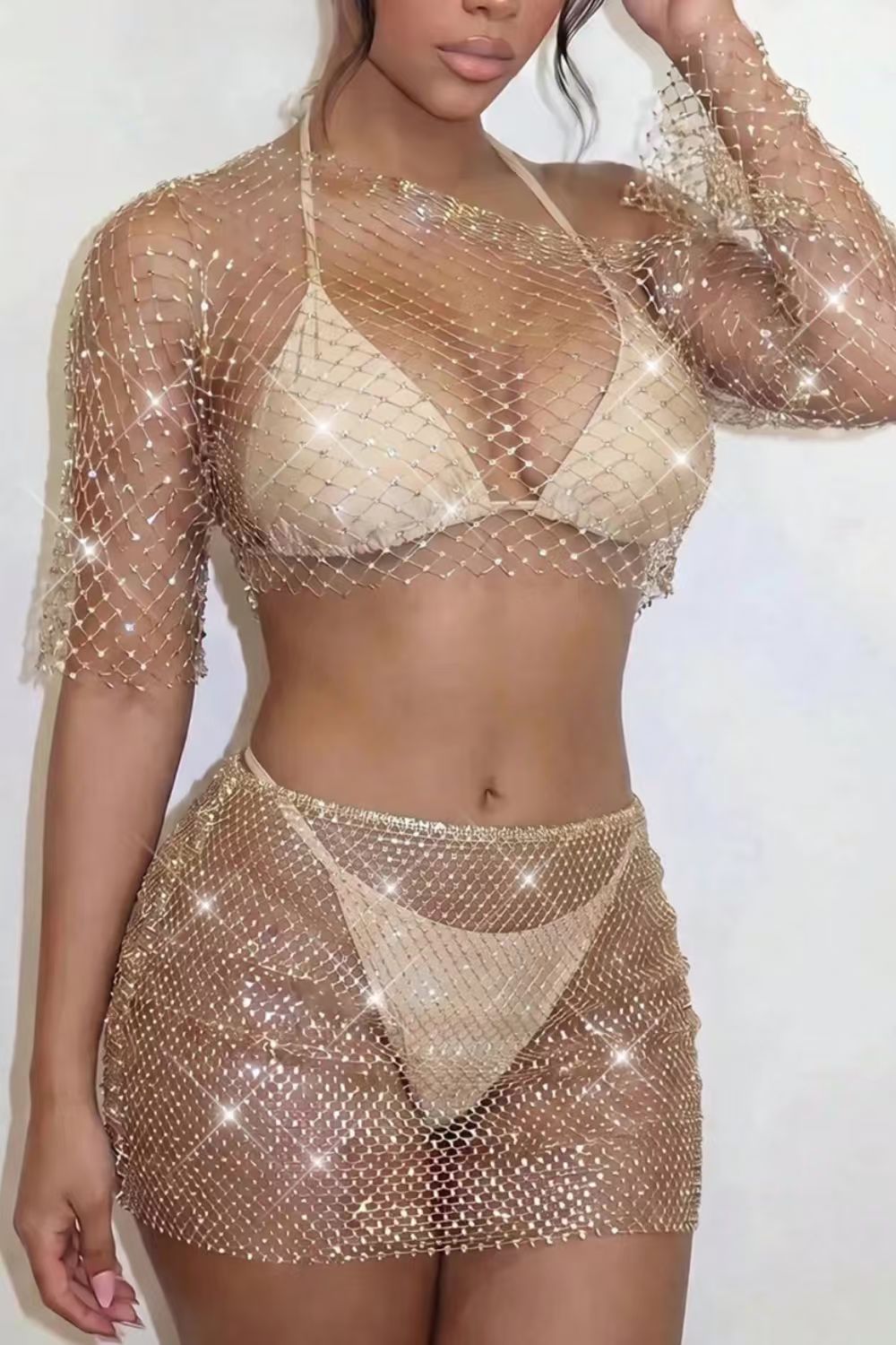 Gold Rhinestone Mesh Cover-Up Set