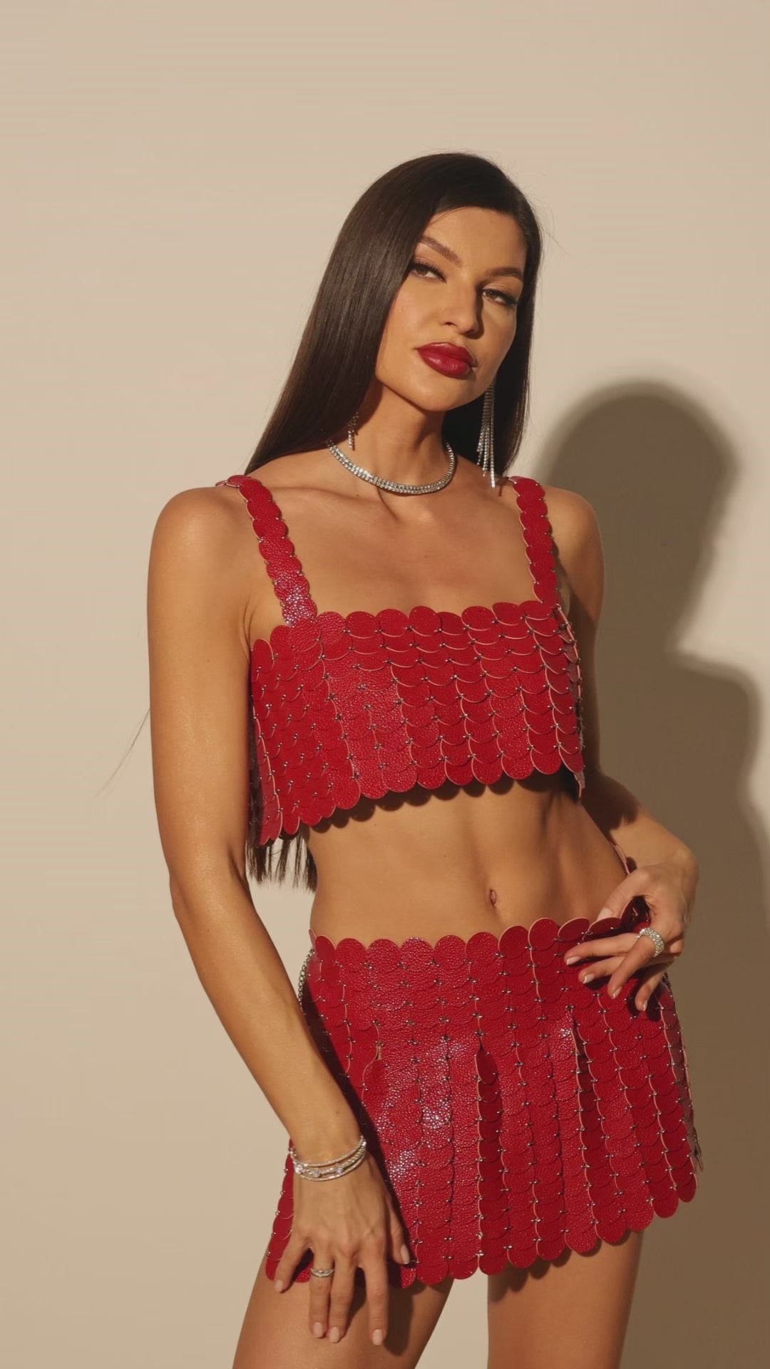 Retro Glam Red Scallop Skirt Set