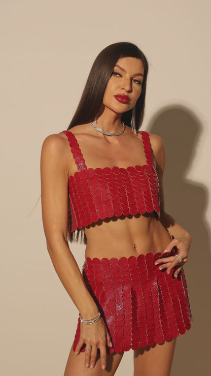 Retro Glam Red Scallop Skirt Set